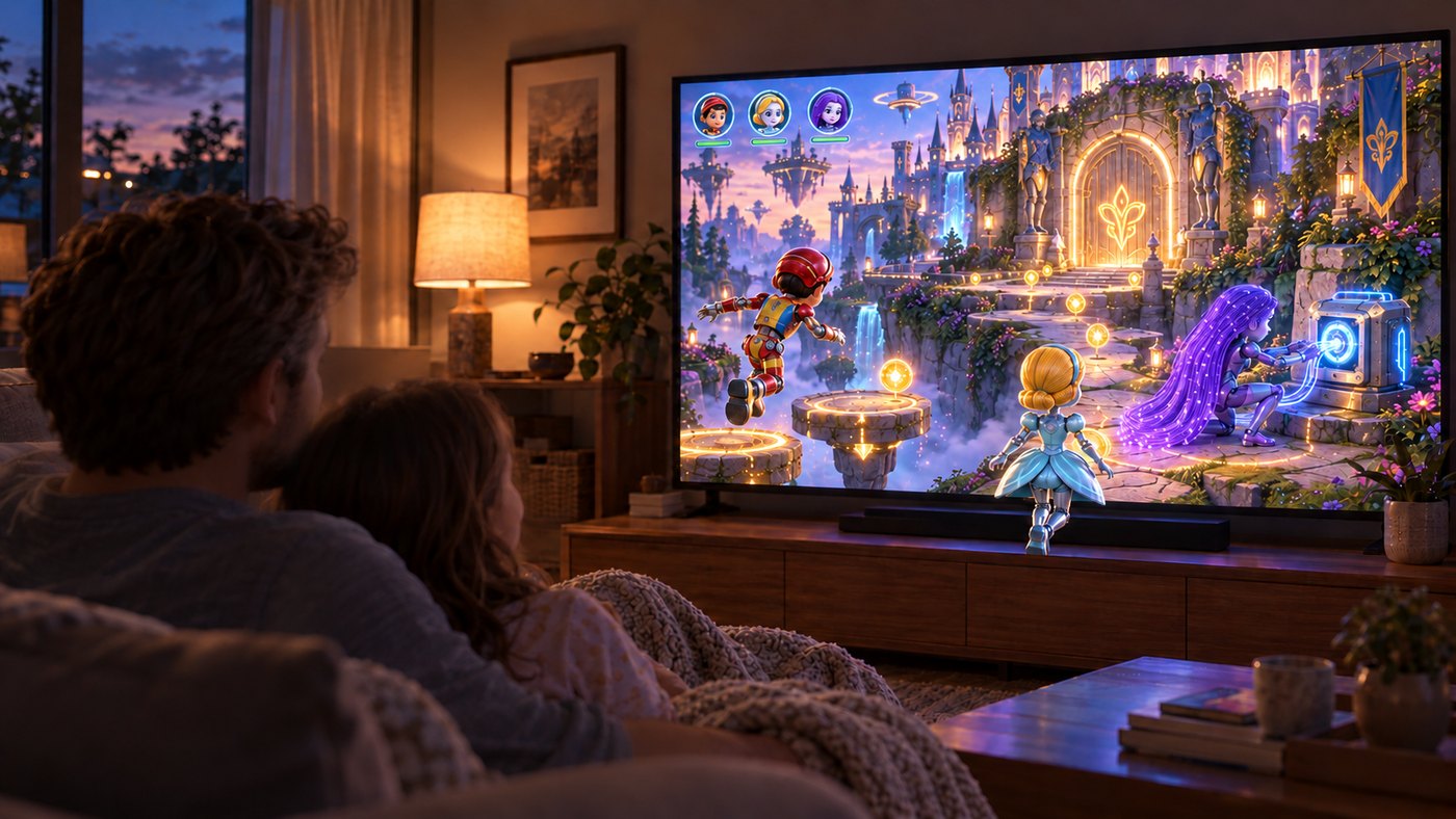 Elf World: a parent and child on the couch play a fairy-tale game on the TV with Robo Pinocchio, Robo Cinderella and Robo Rapunzel