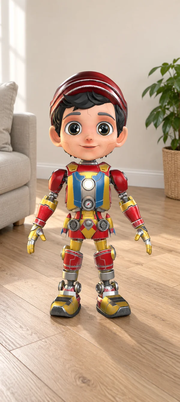 Robo Pinocchio in augmented reality on a phone screen, standing on a living-room floor